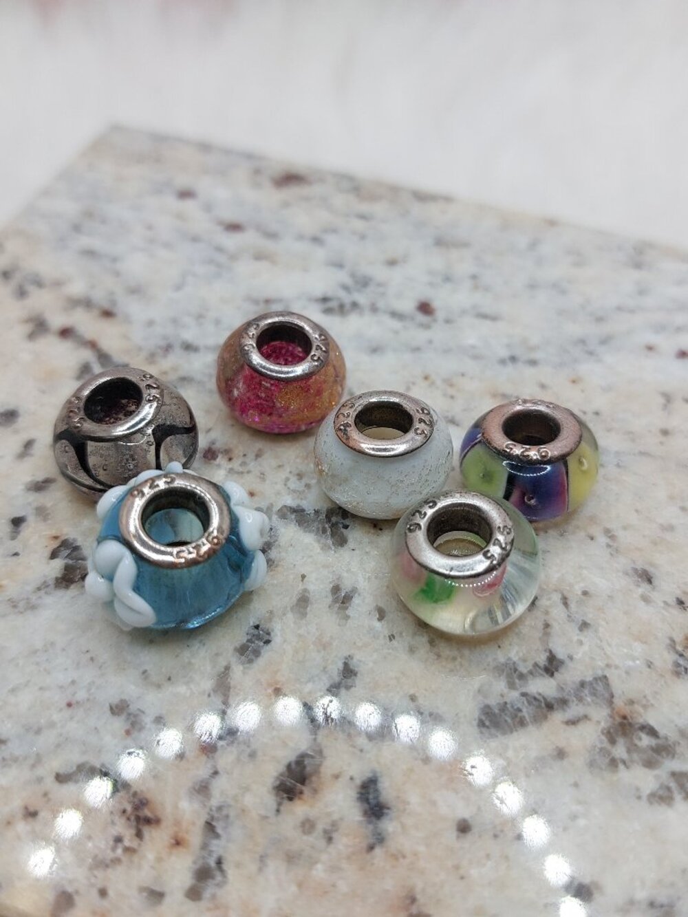 6 Glass Charms Beads Style Sterling Silver Multi Color